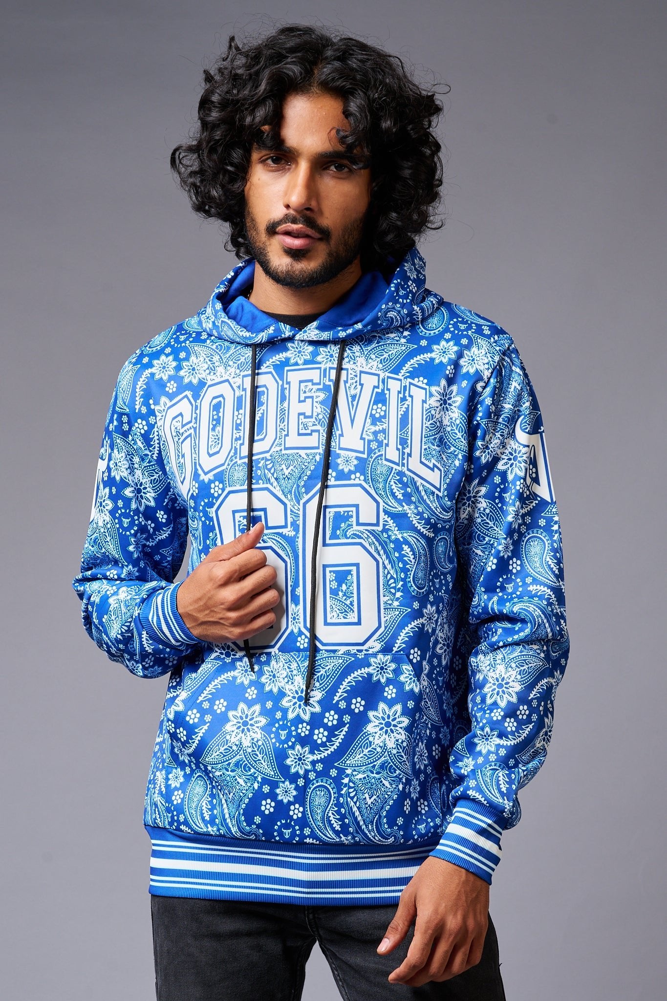 Go Devil 66 Paisely Design Printed Blue Hoodie for Men - Go Devil