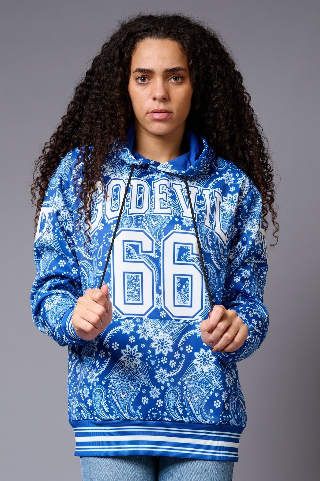 Go Devil 66 Paisely Design Printed Blue Hoodie for Women - Go Devil