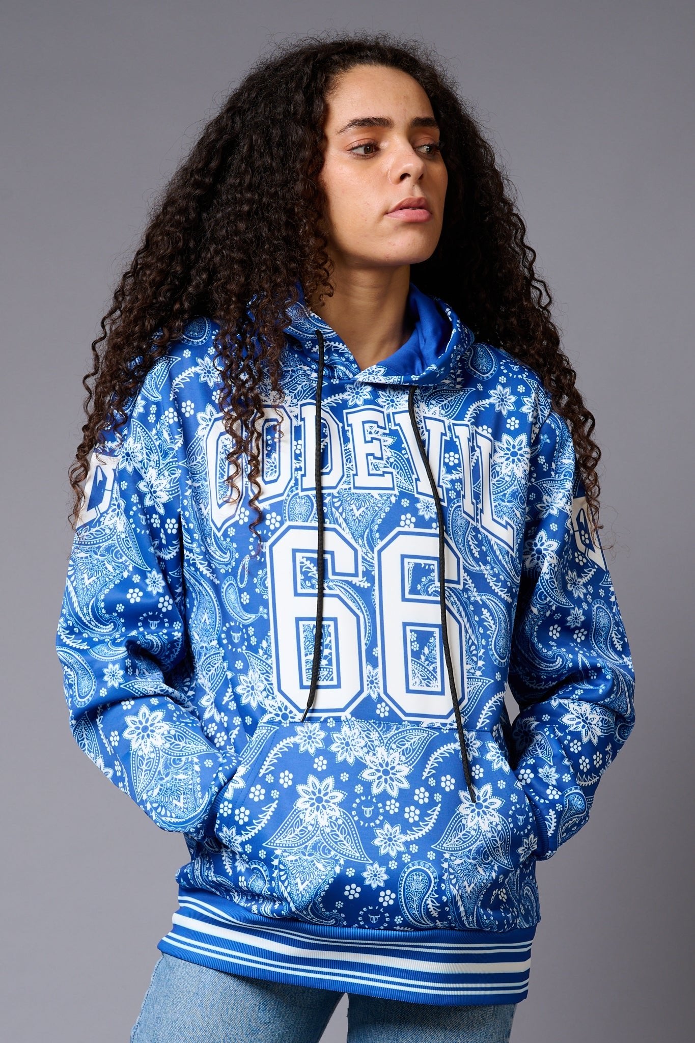 Go Devil 66 Paisely Design Printed Blue Hoodie for Women - Go Devil