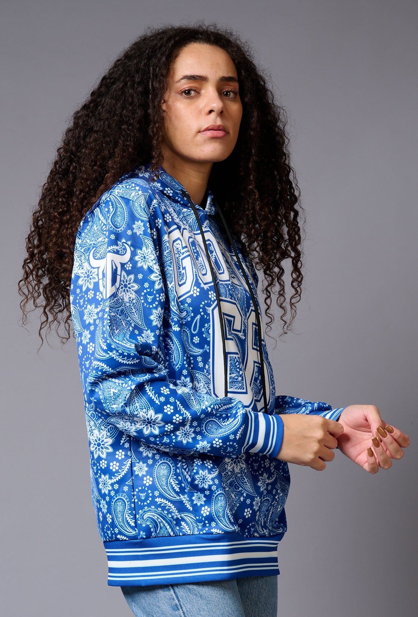 Go Devil 66 Paisely Design Printed Blue Hoodie for Women - Go Devil