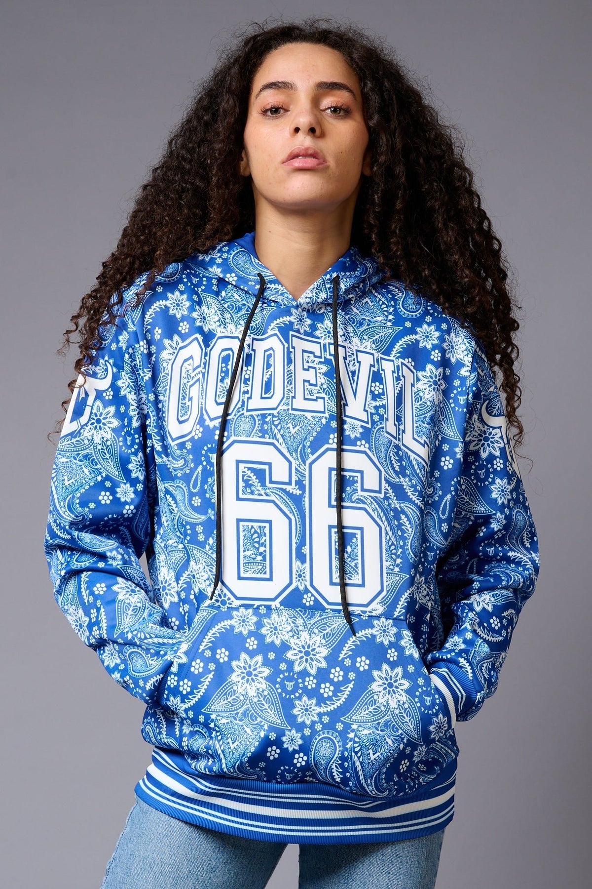 Go Devil 66 Paisely Design Printed Blue Hoodie for Women - Go Devil