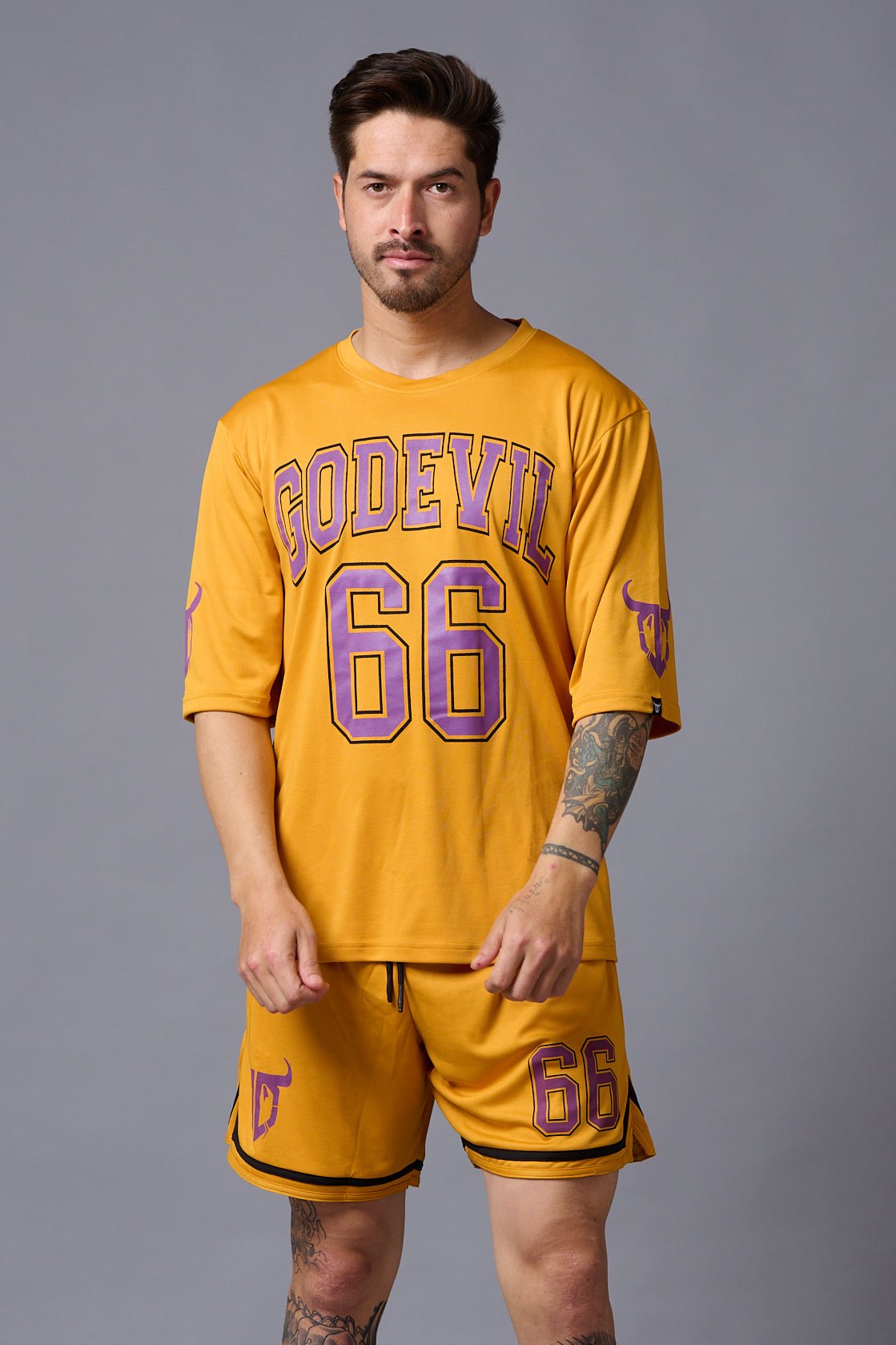 Go Devil 66 Printed Mustard Polyester Co-ord Set for Men - Go Devil
