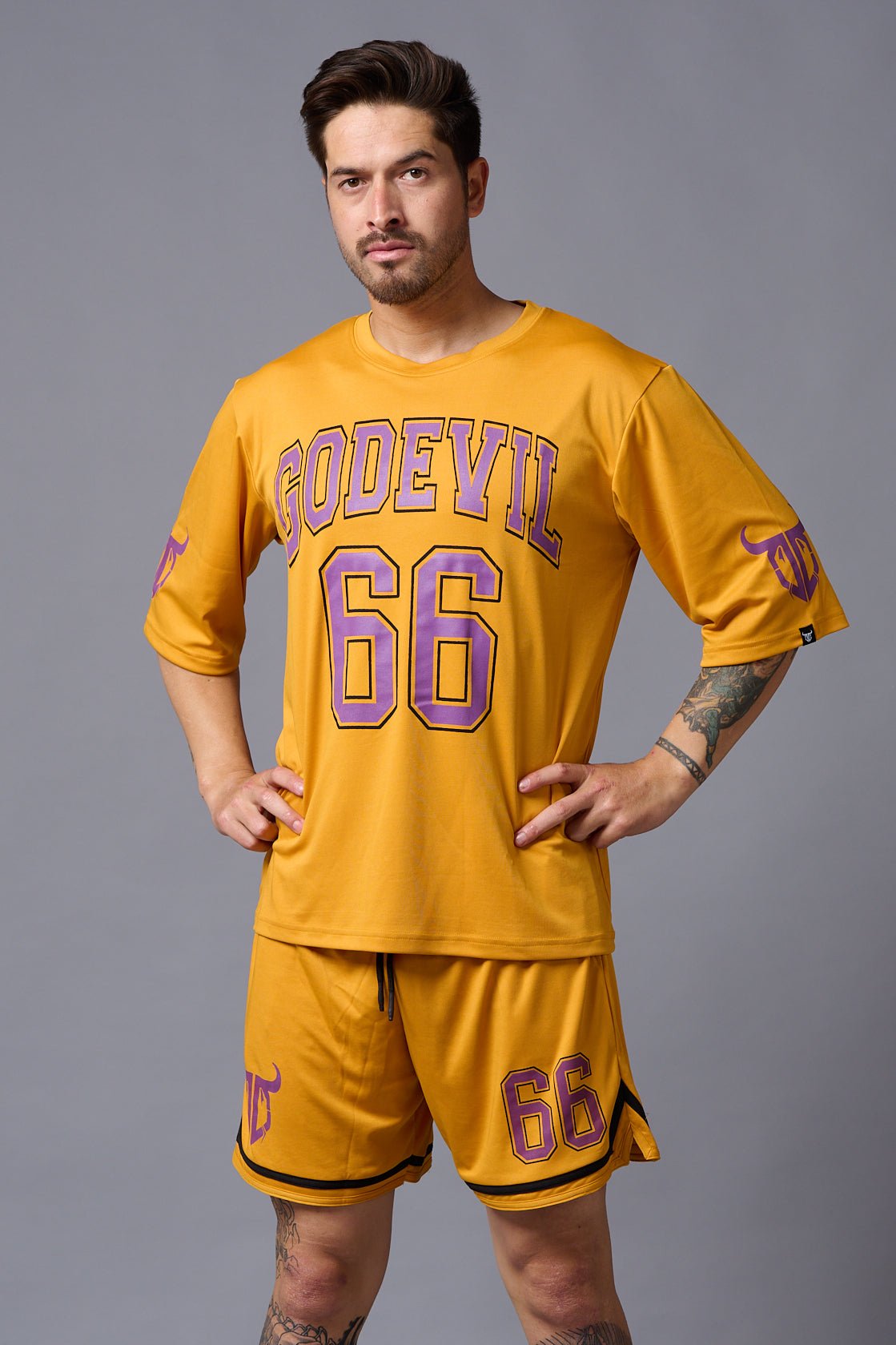 Go Devil 66 Printed Mustard Polyester Co-ord Set for Men - Go Devil