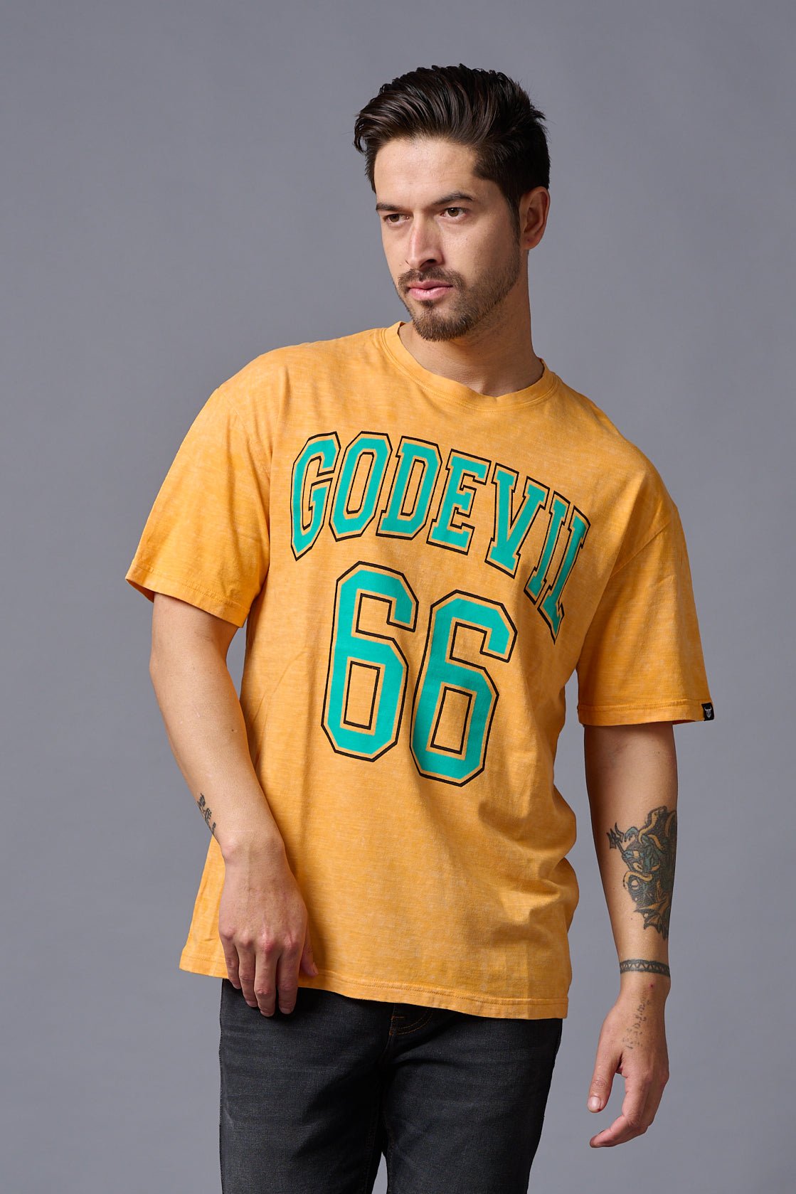 Go Devil 66 Printed Musturd Wash Print Oversized T-Shirt for Men - Go Devil