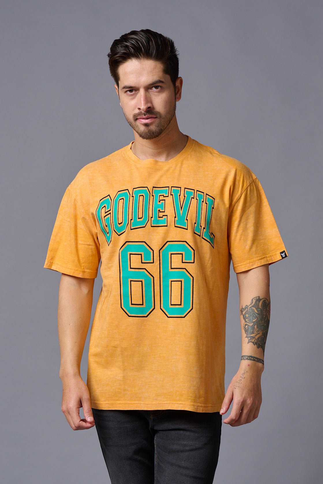 Go Devil 66 Printed Musturd Wash Print Oversized T-Shirt for Men - Go Devil
