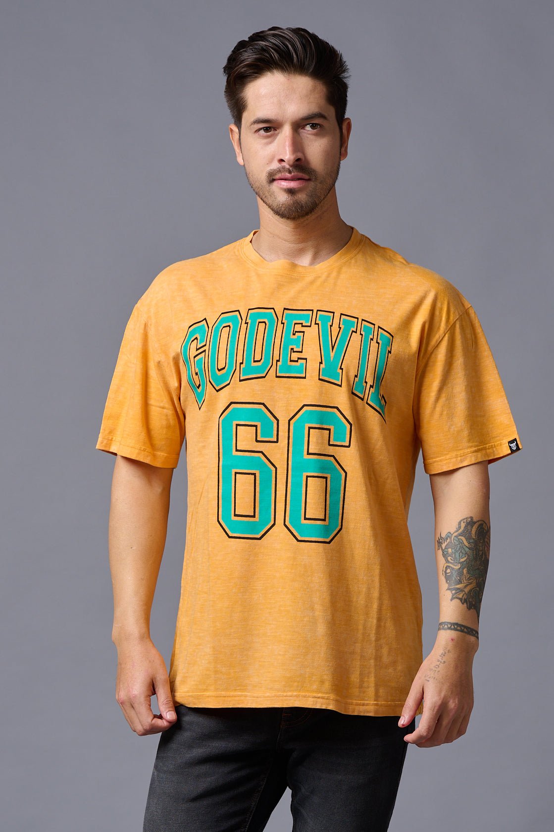 Go Devil 66 Printed Musturd Wash Print Oversized T-Shirt for Men - Go Devil