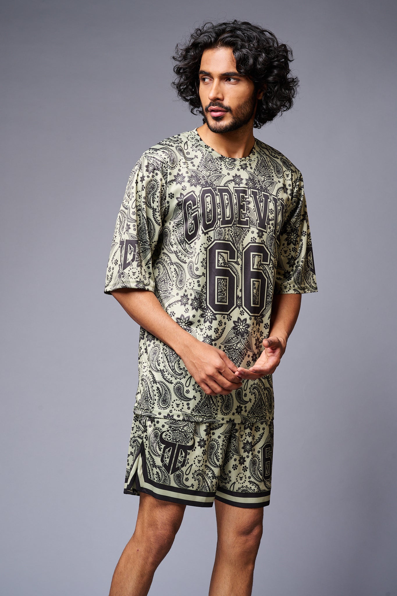 Go Devil 66 Printed Paisley Green & Black Co-ord Set for Men - Go Devil