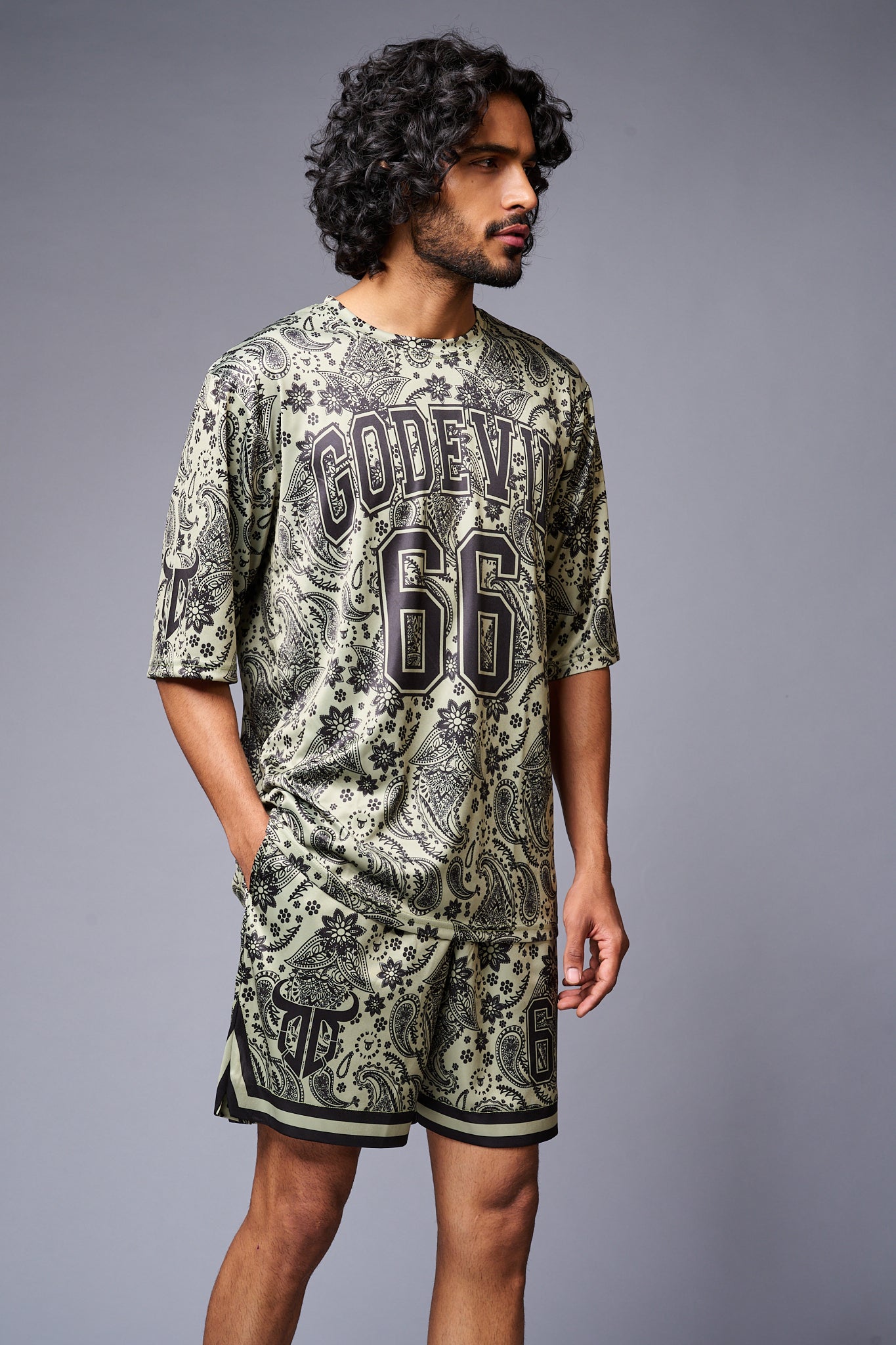 Go Devil 66 Printed Paisley Green & Black Co-ord Set for Men - Go Devil