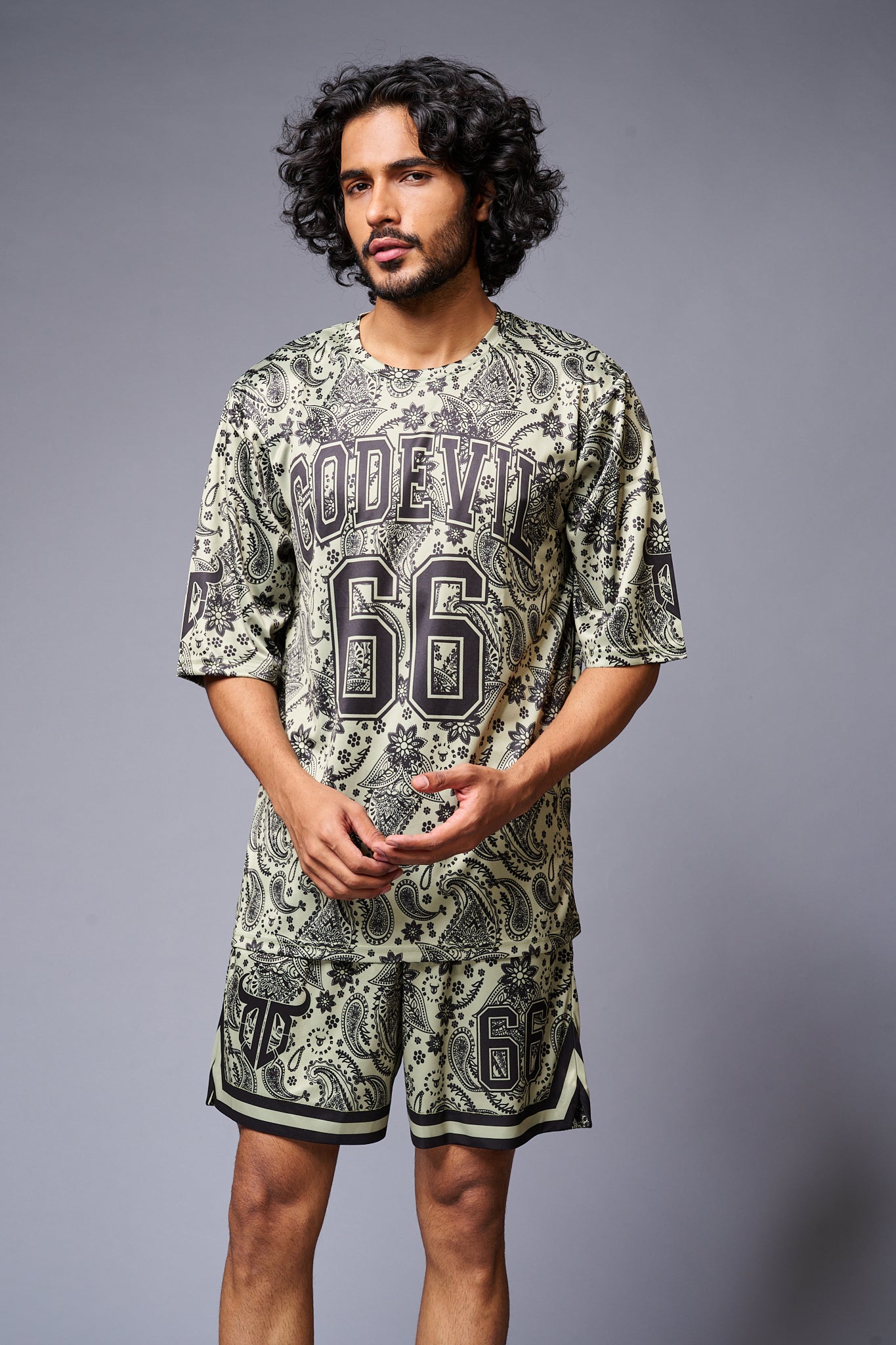 Go Devil 66 Printed Paisley Green & Black Co-ord Set for Men - Go Devil