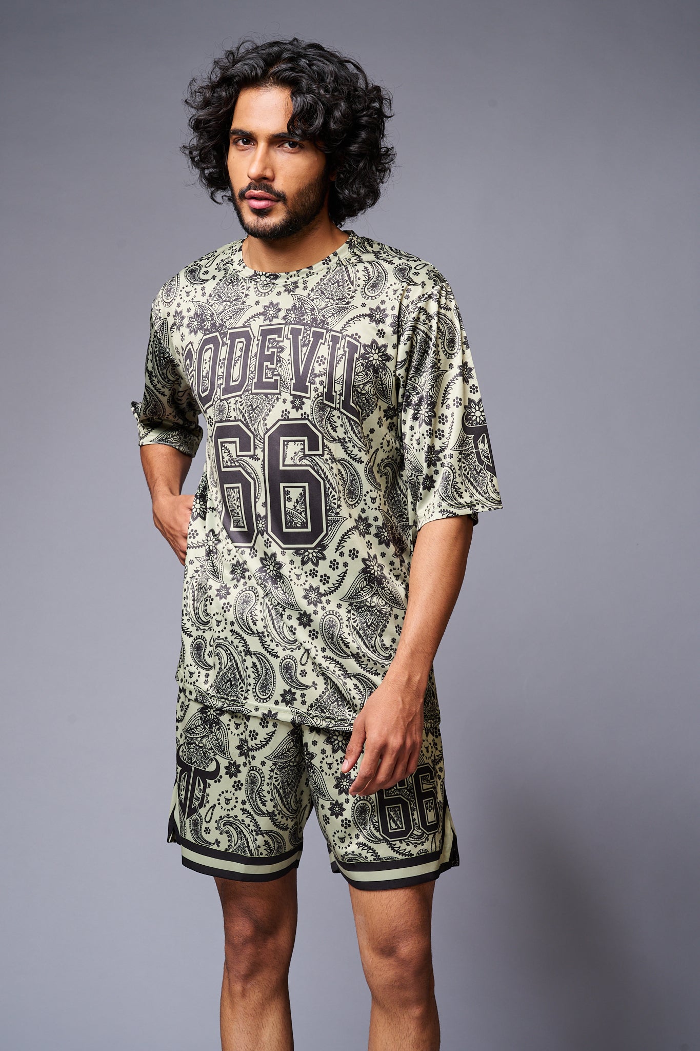 Go Devil 66 Printed Paisley Green & Black Co-ord Set for Men - Go Devil