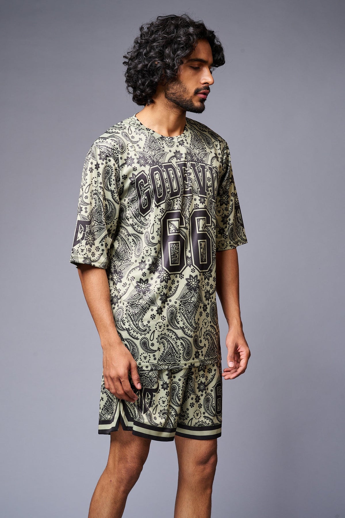 Go Devil 66 Printed Paisley Green & Black Co-ord Set for Men - Go Devil