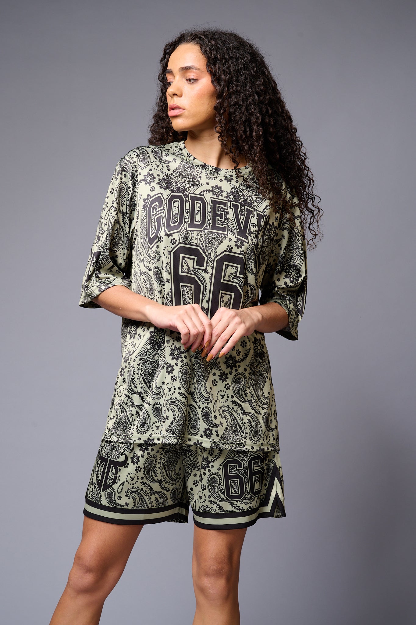 Go Devil 66 Printed Paisley Green & Black Co-ord Set for Women - Go Devil