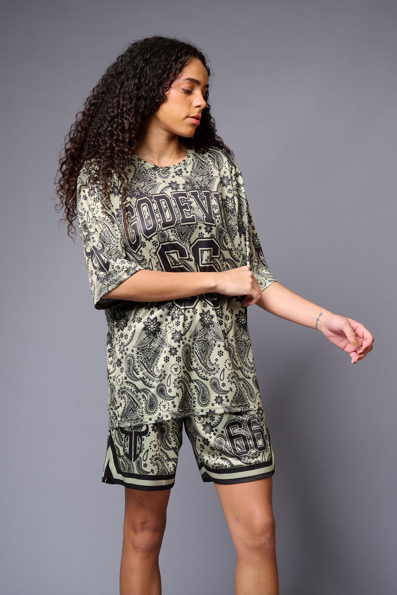 Go Devil 66 Printed Paisley Green & Black Co-ord Set for Women - Go Devil