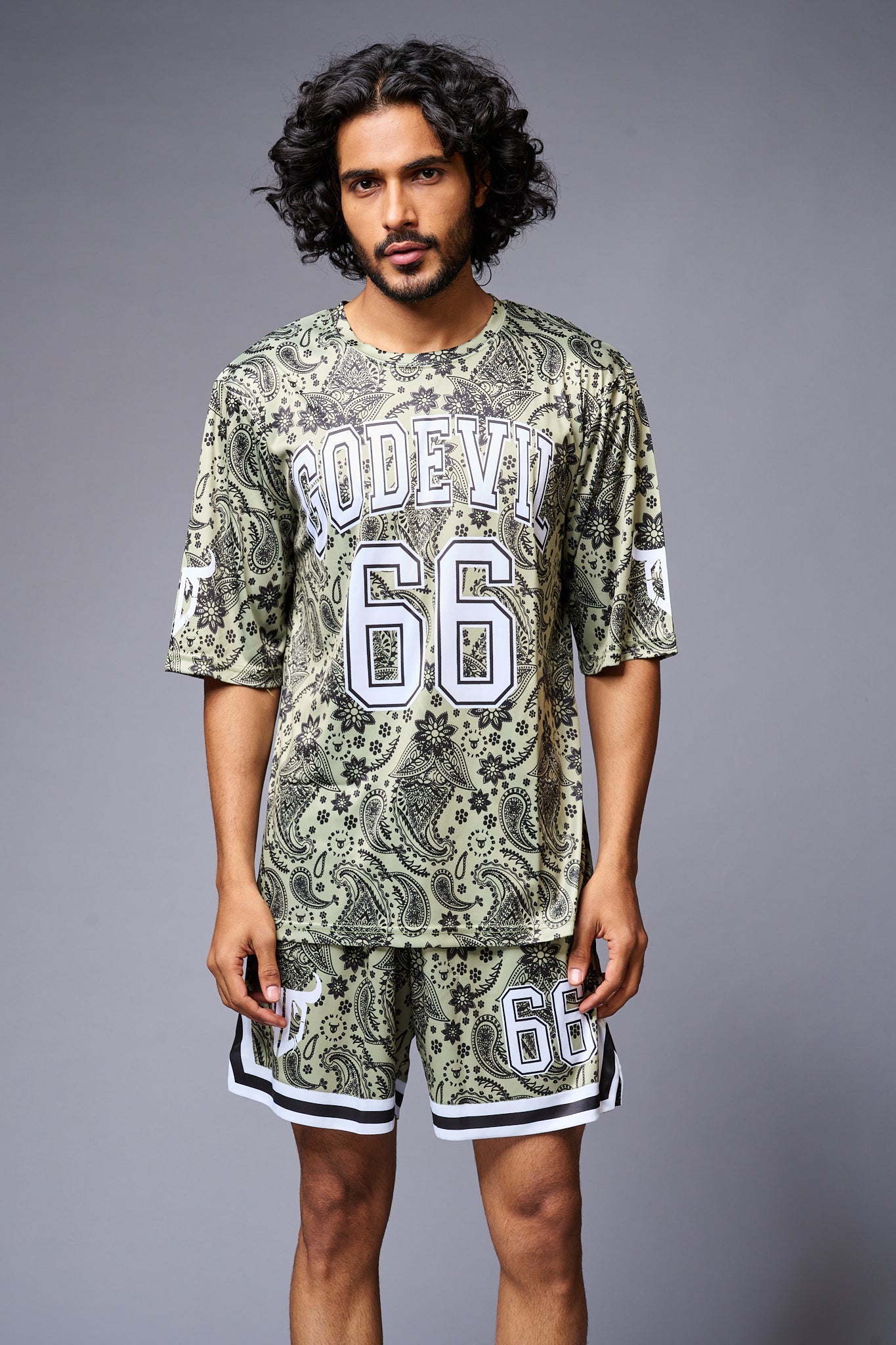 Go Devil 66 Printed Paisley Green & White Co-ord Set for Men - Go Devil