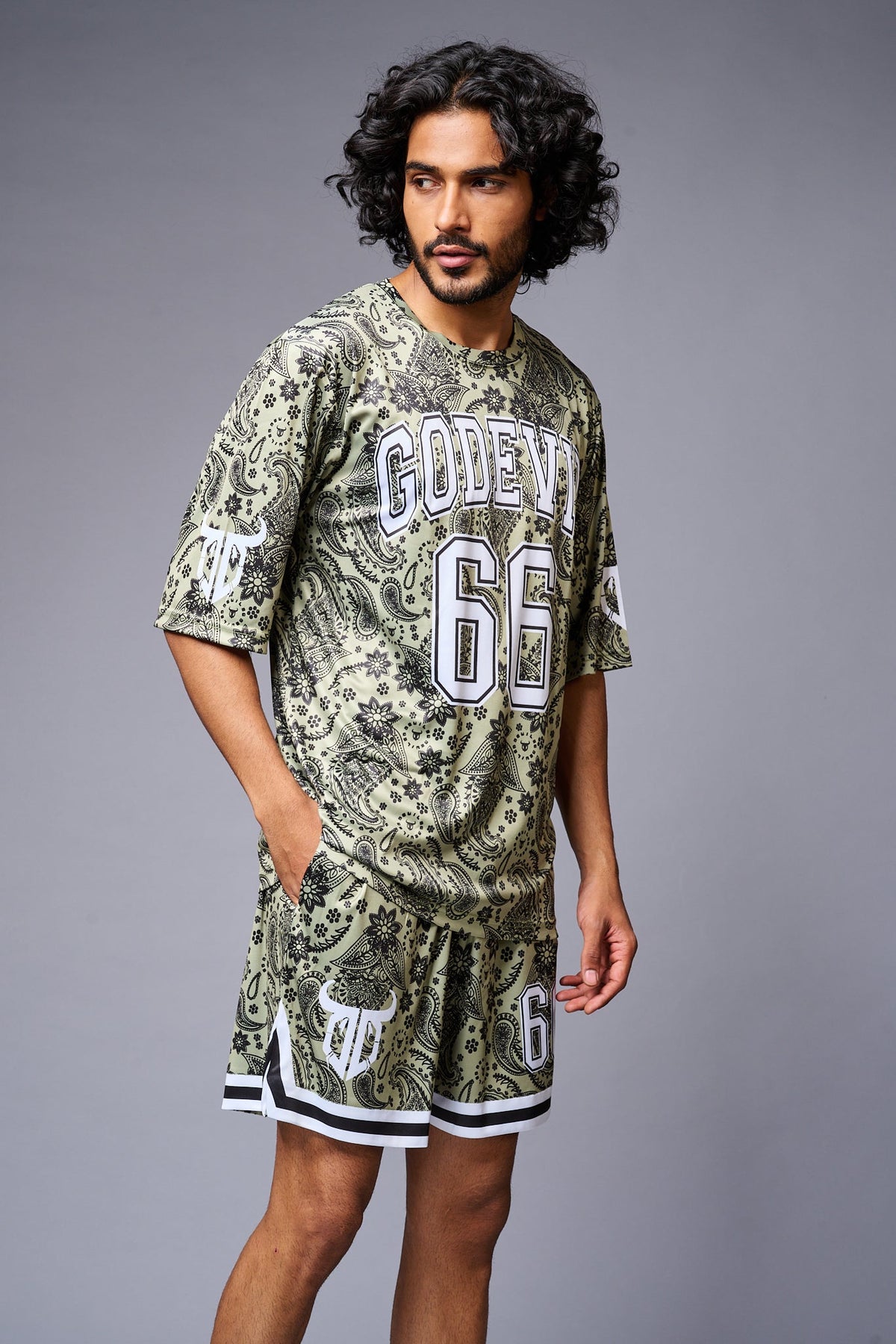 Go Devil 66 Printed Paisley Green & White Co-ord Set for Men - Go Devil