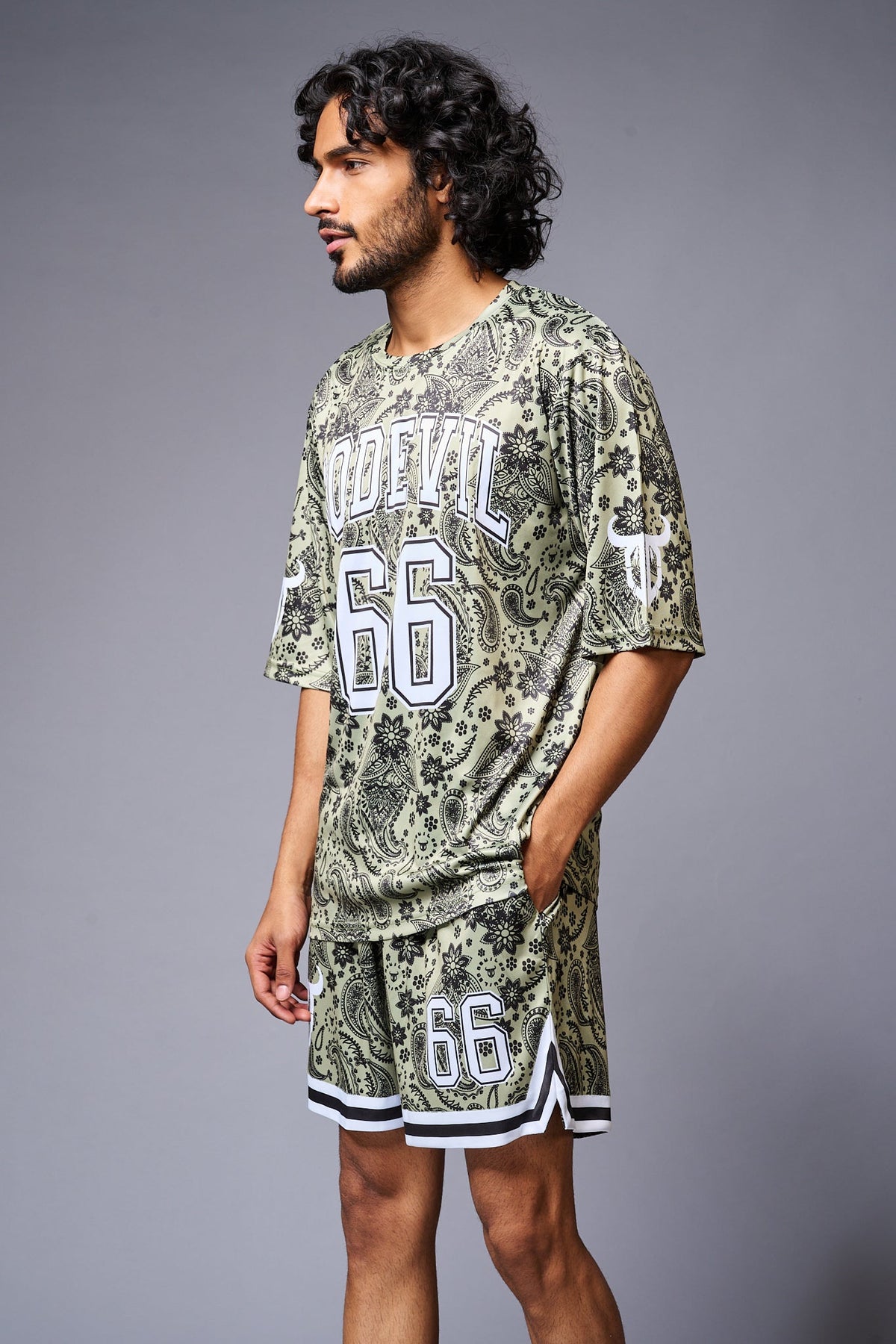 Go Devil 66 Printed Paisley Green & White Co-ord Set for Men - Go Devil