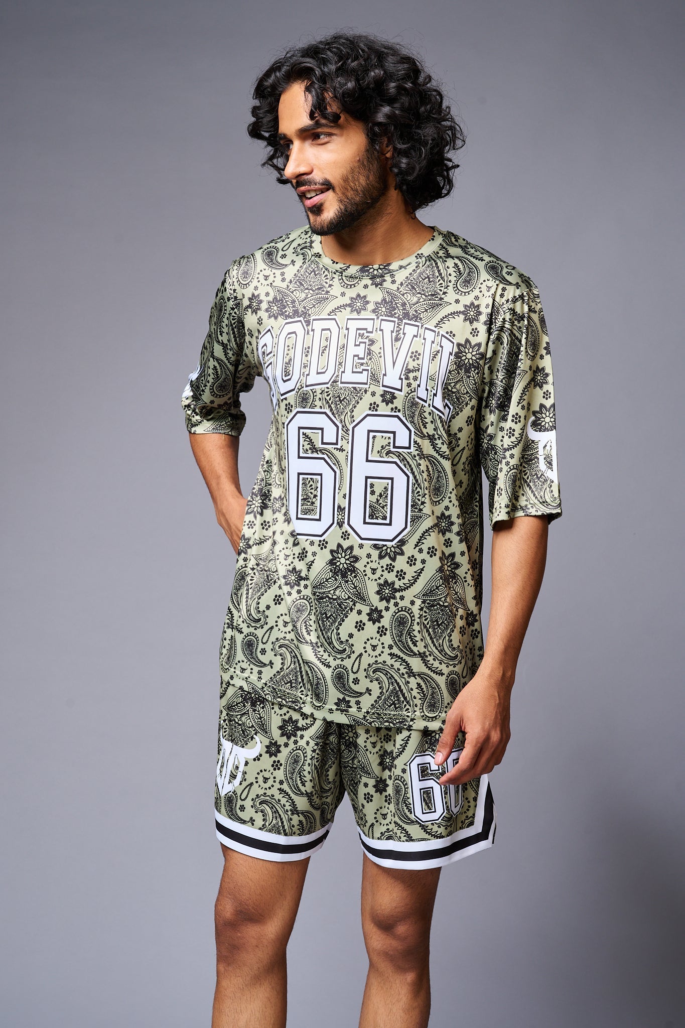 Go Devil 66 Printed Paisley Green & White Co-ord Set for Men - Go Devil