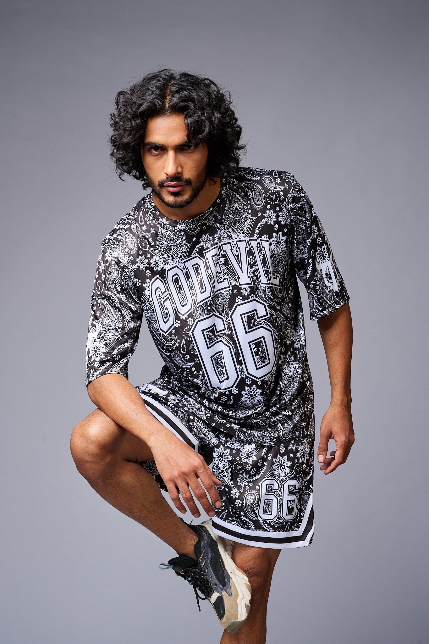 Go Devil 66 Printed Paisley White & Black Co-ord Set for Men - Go Devil