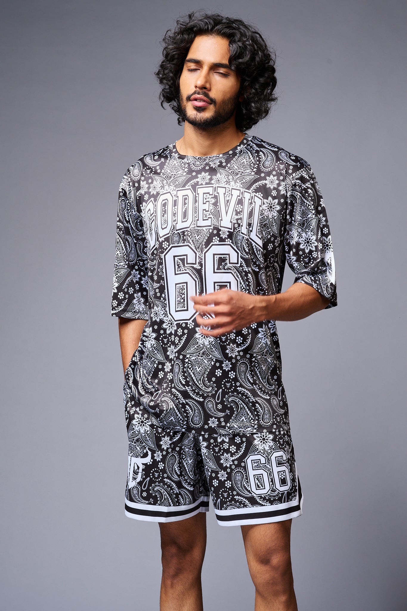 Go Devil 66 Printed Paisley White & Black Co-ord Set for Men - Go Devil