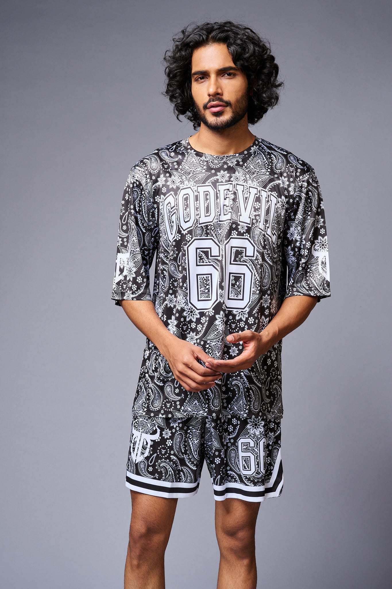 Go Devil 66 Printed Paisley White & Black Co-ord Set for Men - Go Devil