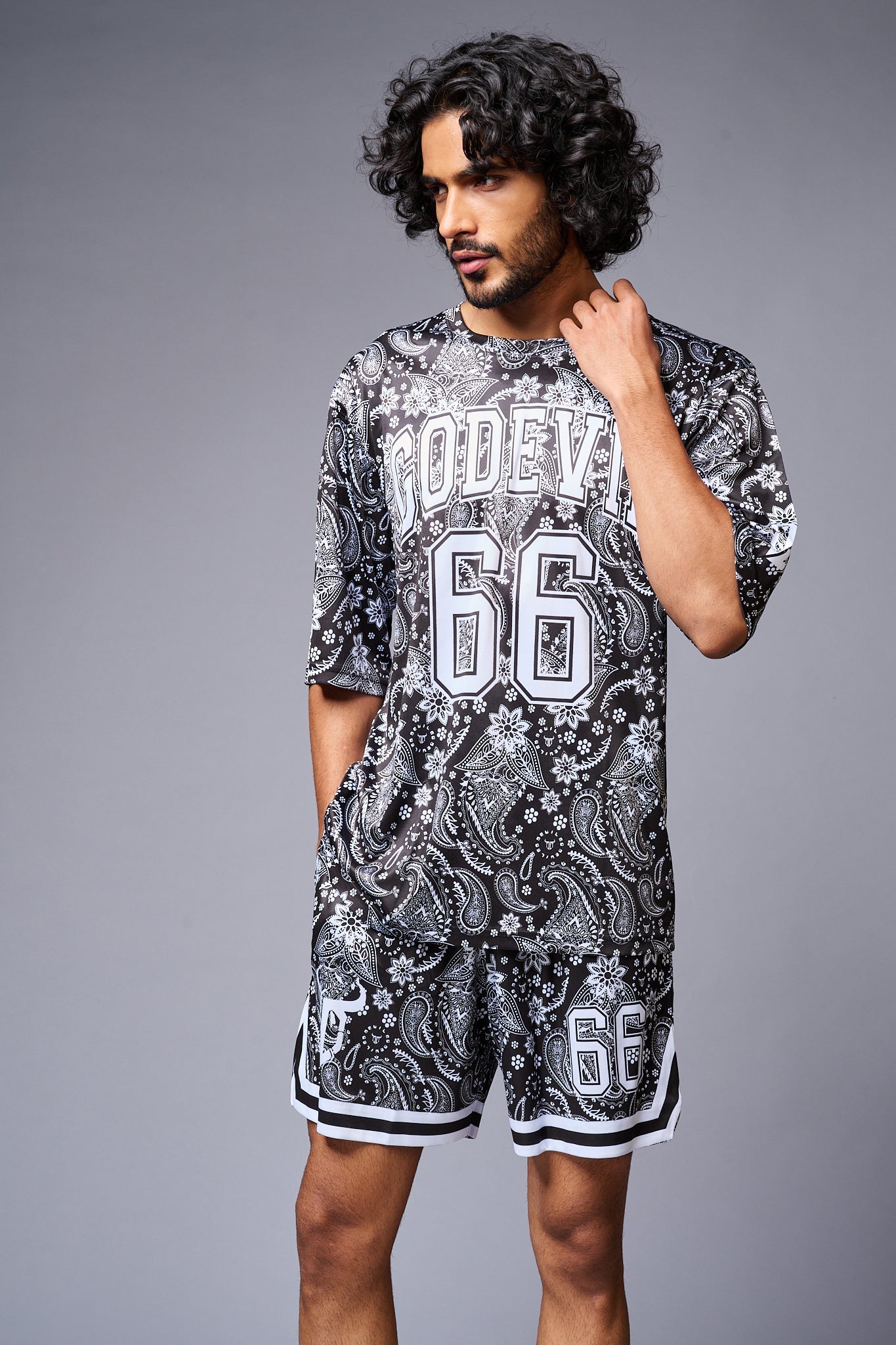 Go Devil 66 Printed Paisley White & Black Co-ord Set for Men - Go Devil