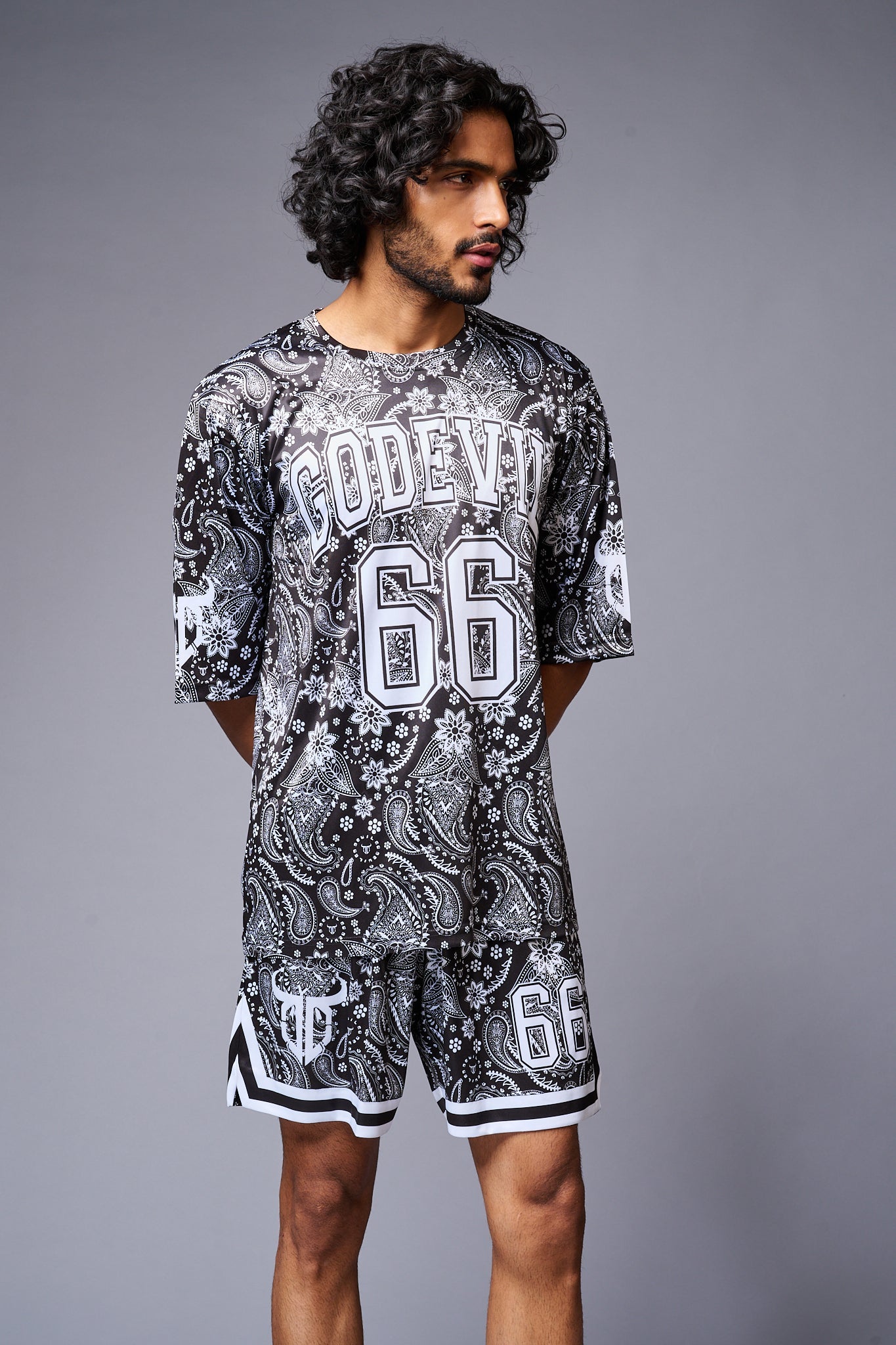 Go Devil 66 Printed Paisley White & Black Co-ord Set for Men - Go Devil