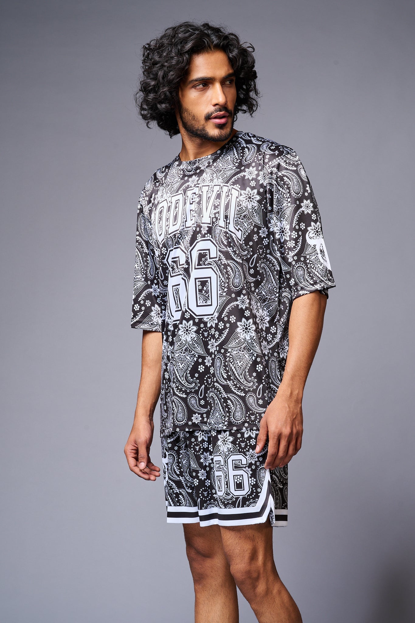 Go Devil 66 Printed Paisley White & Black Co-ord Set for Men - Go Devil