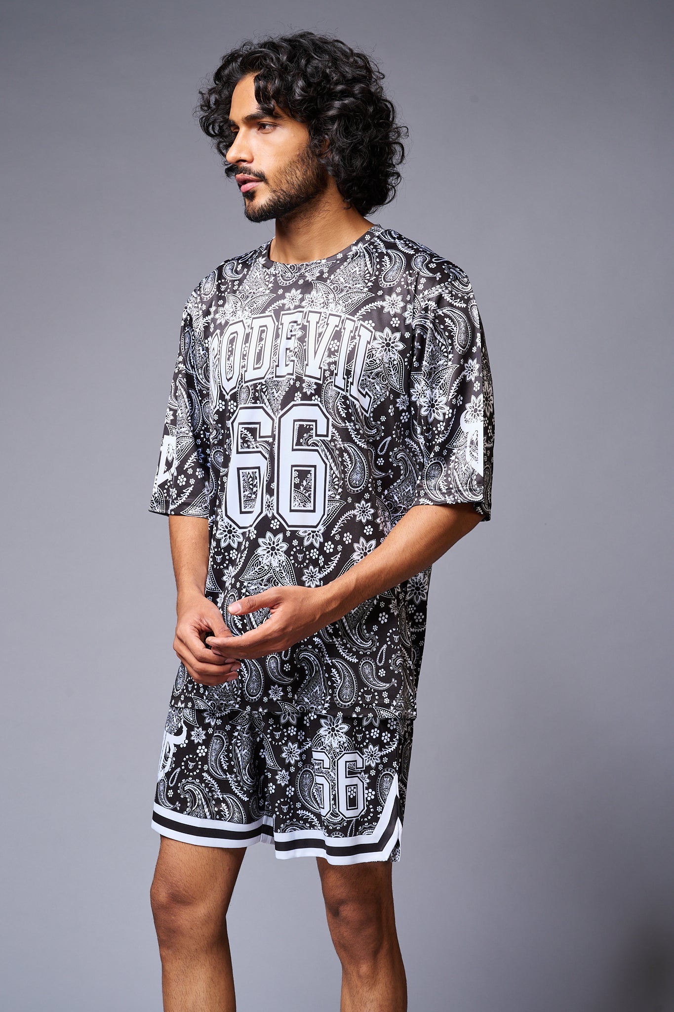 Go Devil 66 Printed Paisley White & Black Co-ord Set for Men - Go Devil