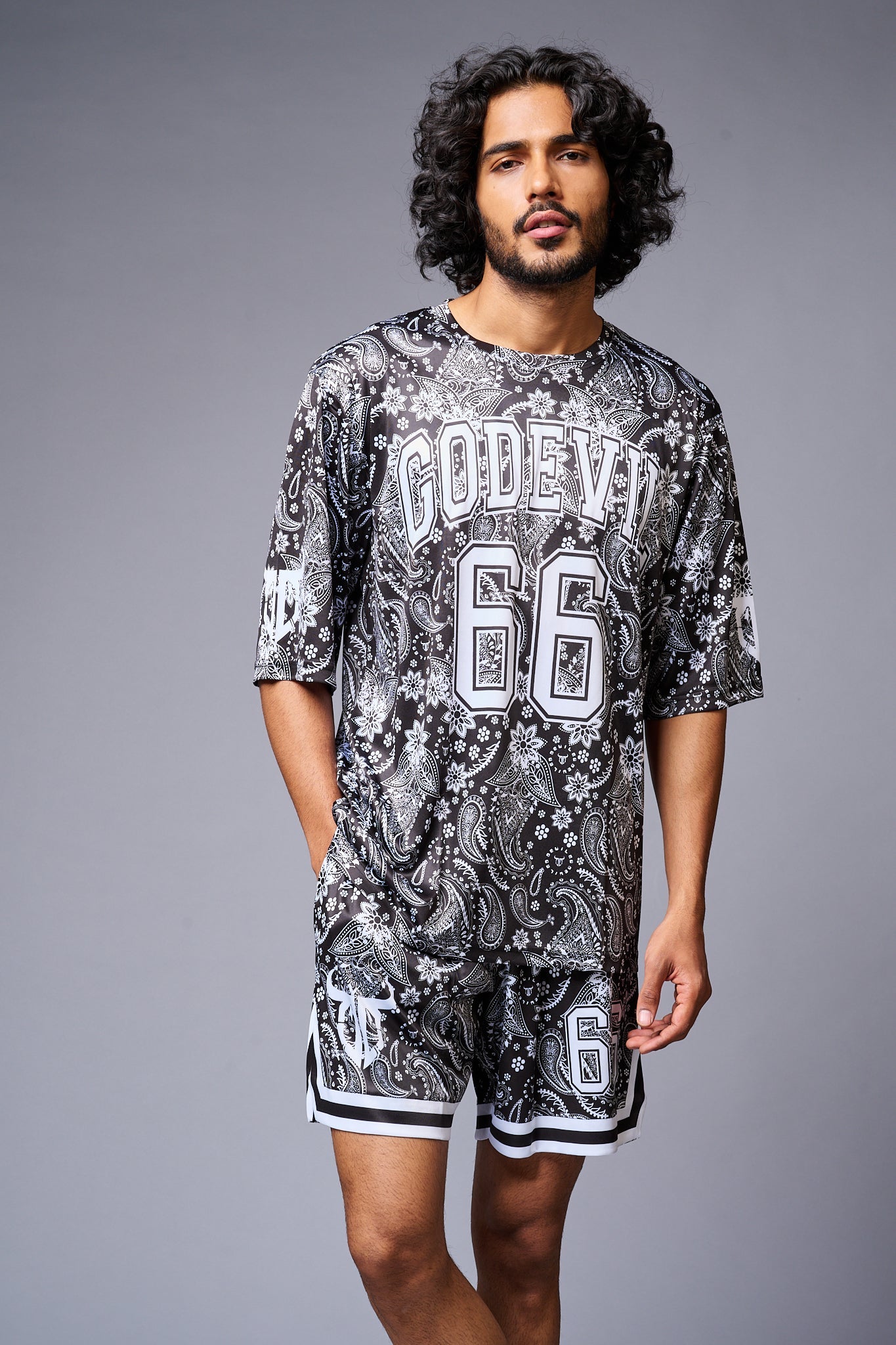 Go Devil 66 Printed Paisley White & Black Co-ord Set for Men - Go Devil