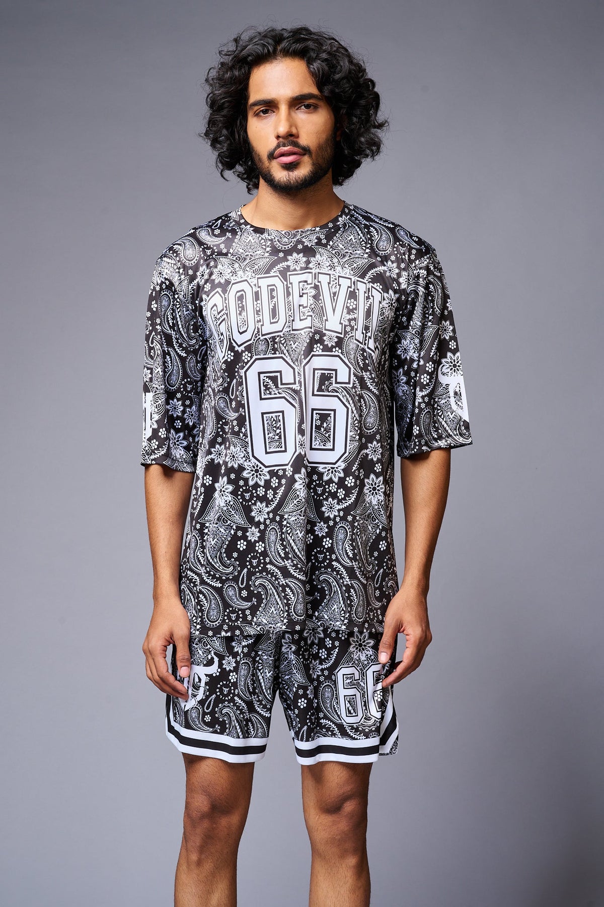 Go Devil 66 Printed Paisley White & Black Co-ord Set for Men - Go Devil