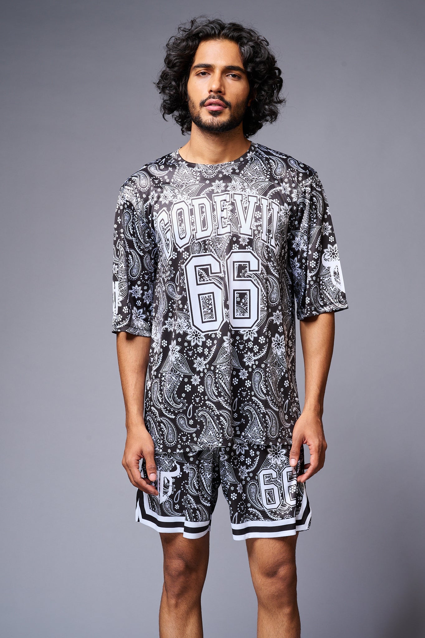 Go Devil 66 Printed Paisley White & Black Co-ord Set for Men - Go Devil