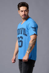Go Devil 66 Printed V-Neck Blue Cotton Oversized T-Shirt for Men - Go Devil