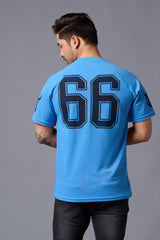 Go Devil 66 Printed V-Neck Blue Cotton Oversized T-Shirt for Men - Go Devil