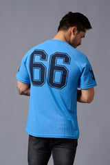 Go Devil 66 Printed V-Neck Blue Cotton Oversized T-Shirt for Men - Go Devil