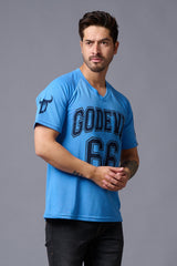 Go Devil 66 Printed V-Neck Blue Cotton Oversized T-Shirt for Men - Go Devil