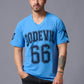 Go Devil 66 Printed V-Neck Blue Cotton Oversized T-Shirt for Men - Go Devil