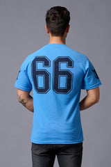 Go Devil 66 Printed V-Neck Blue Cotton Oversized T-Shirt for Men - Go Devil
