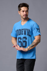 Go Devil 66 Printed V-Neck Blue Cotton Oversized T-Shirt for Men - Go Devil