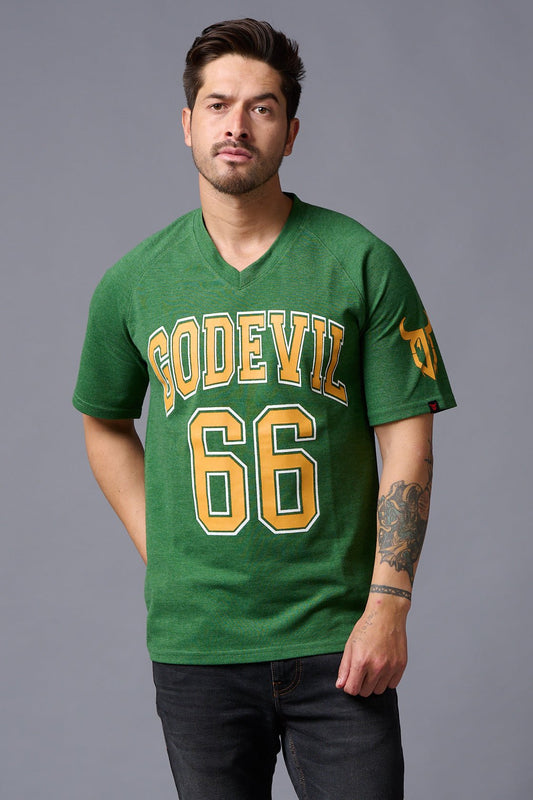 Go Devil 66 Printed V-Neck Green Cotton Oversized T-Shirt for Men - Go Devil