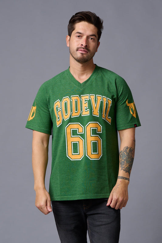 Go Devil 66 Printed V-Neck Green Cotton Oversized T-Shirt for Men - Go Devil