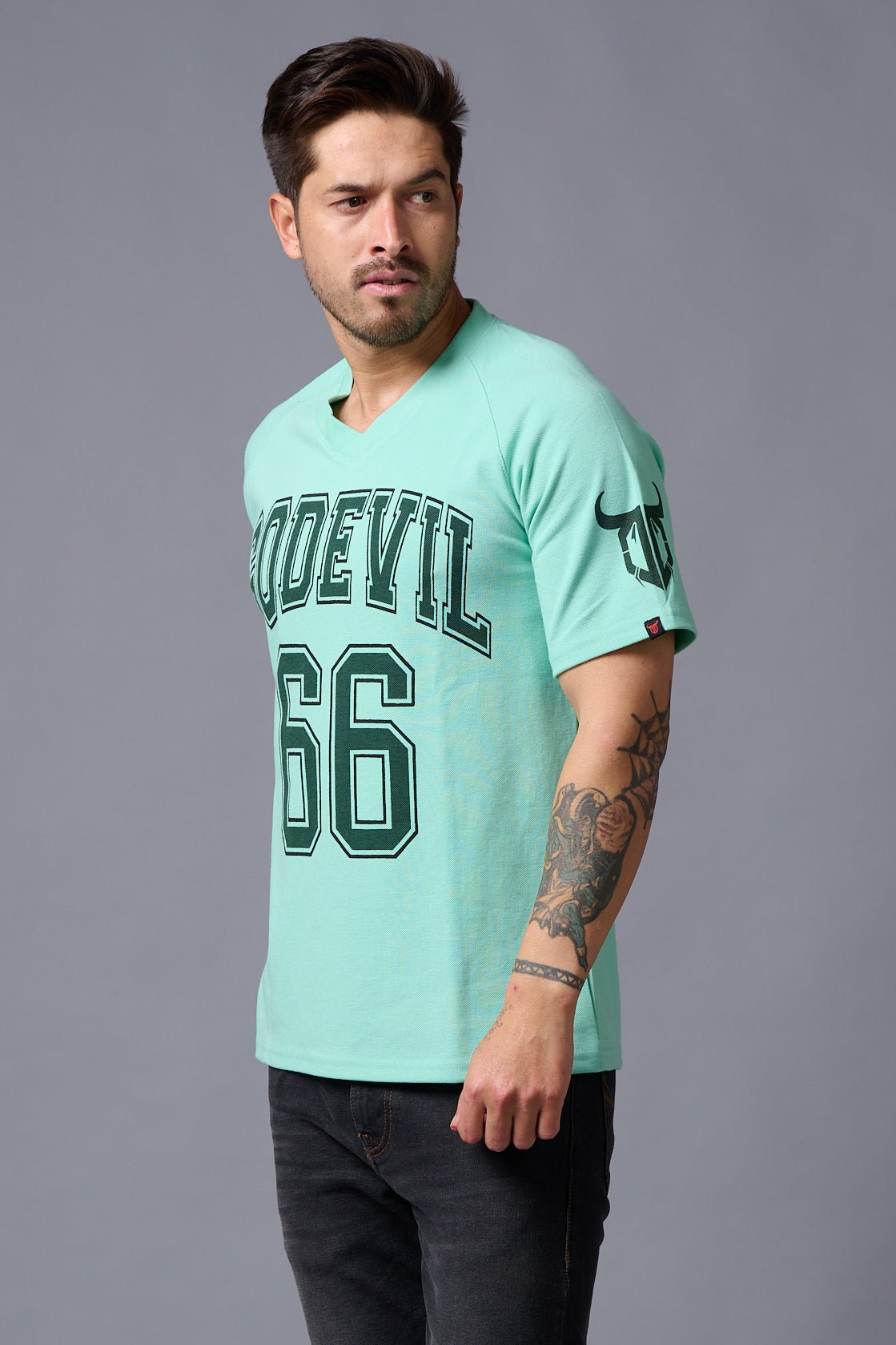 Go Devil 66 Printed V Neck Sea Green Oversized T-Shirt for Men - Go Devil