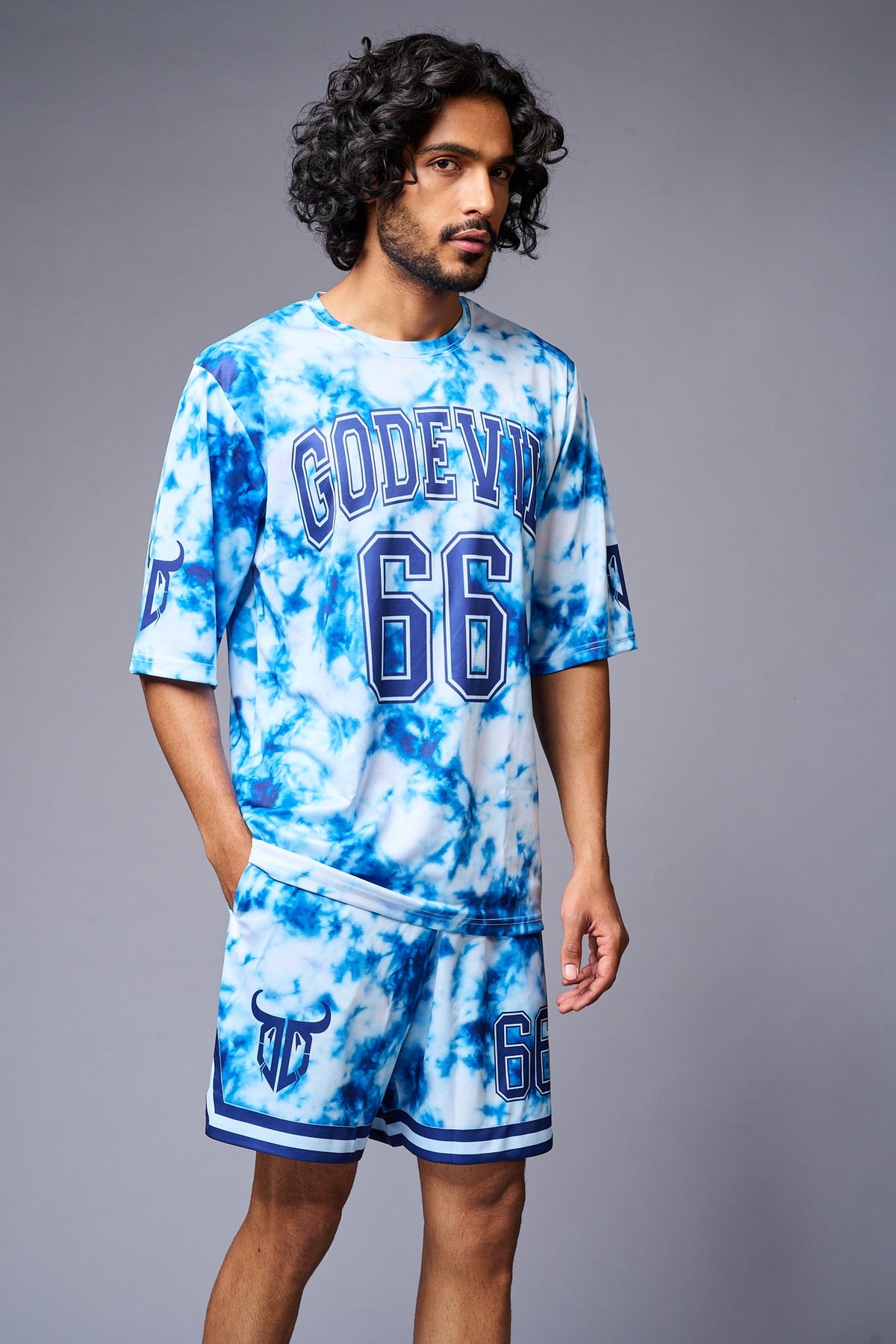 Go Devil 66 Printed White & Light BlueTie Dye Co-ord Set for Men - Go Devil