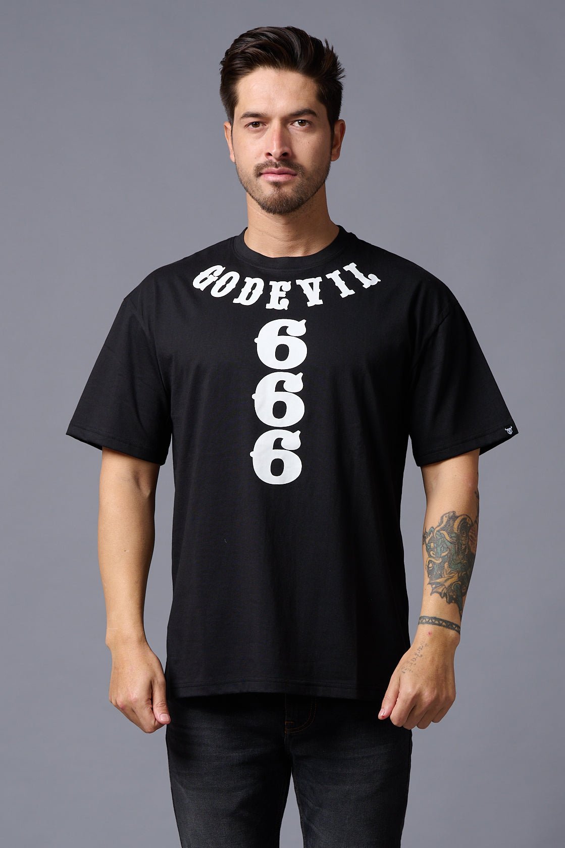 Go Devil 666 in White Printed Black Oversized T Shirt for Men