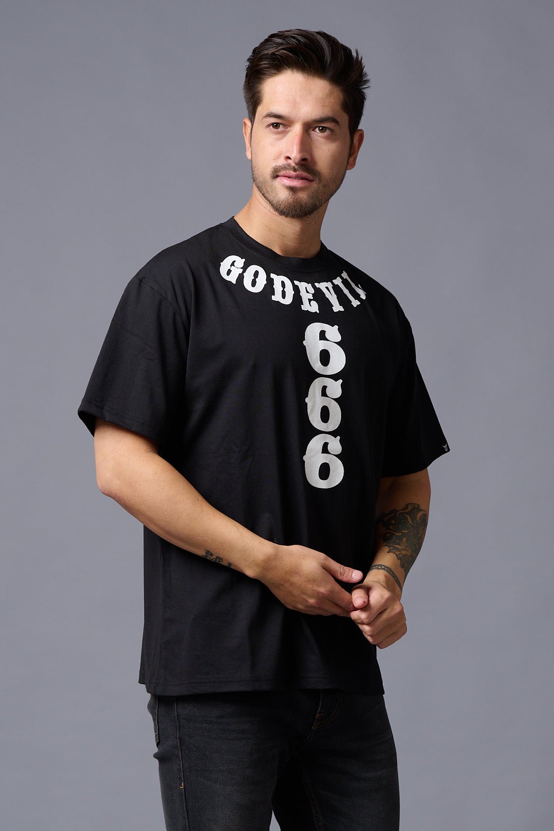 Go Devil 666 (in White) Printed Black Oversized T-Shirt for Men - Go Devil