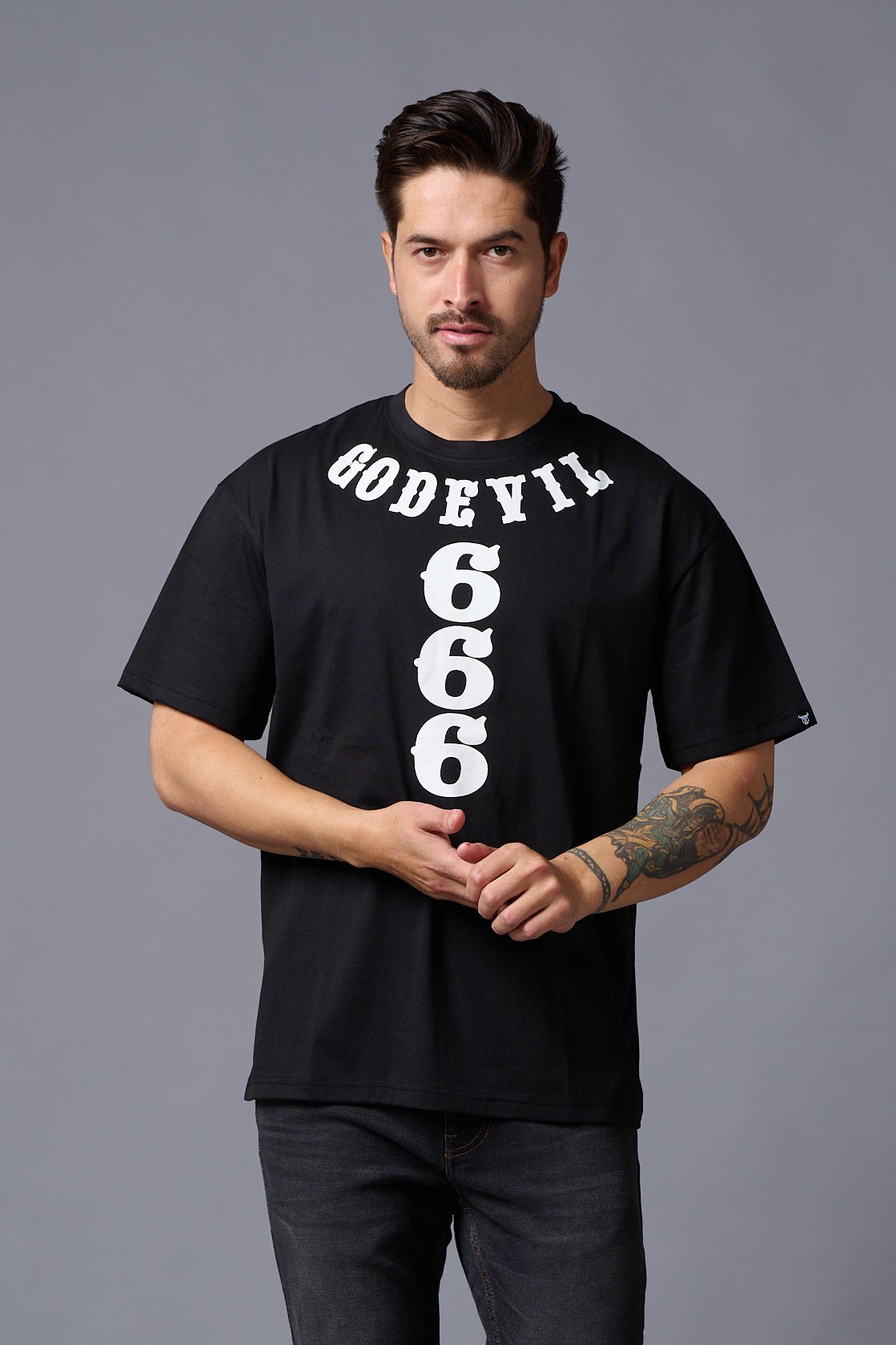 Go Devil 666 (in White) Printed Black Oversized T-Shirt for Men - Go Devil