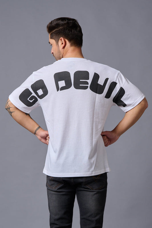 Go Devil (in Black) Printed White Oversized T-Shirt for Men - Go Devil