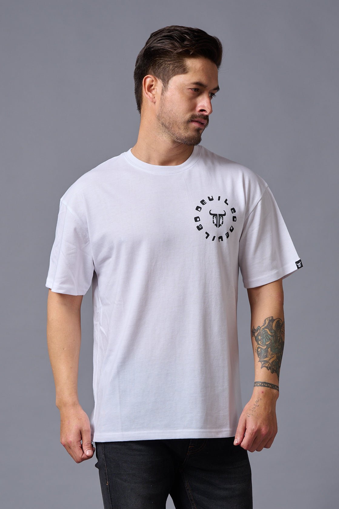 Go Devil (in Black) Printed White Oversized T-Shirt for Men - Go Devil