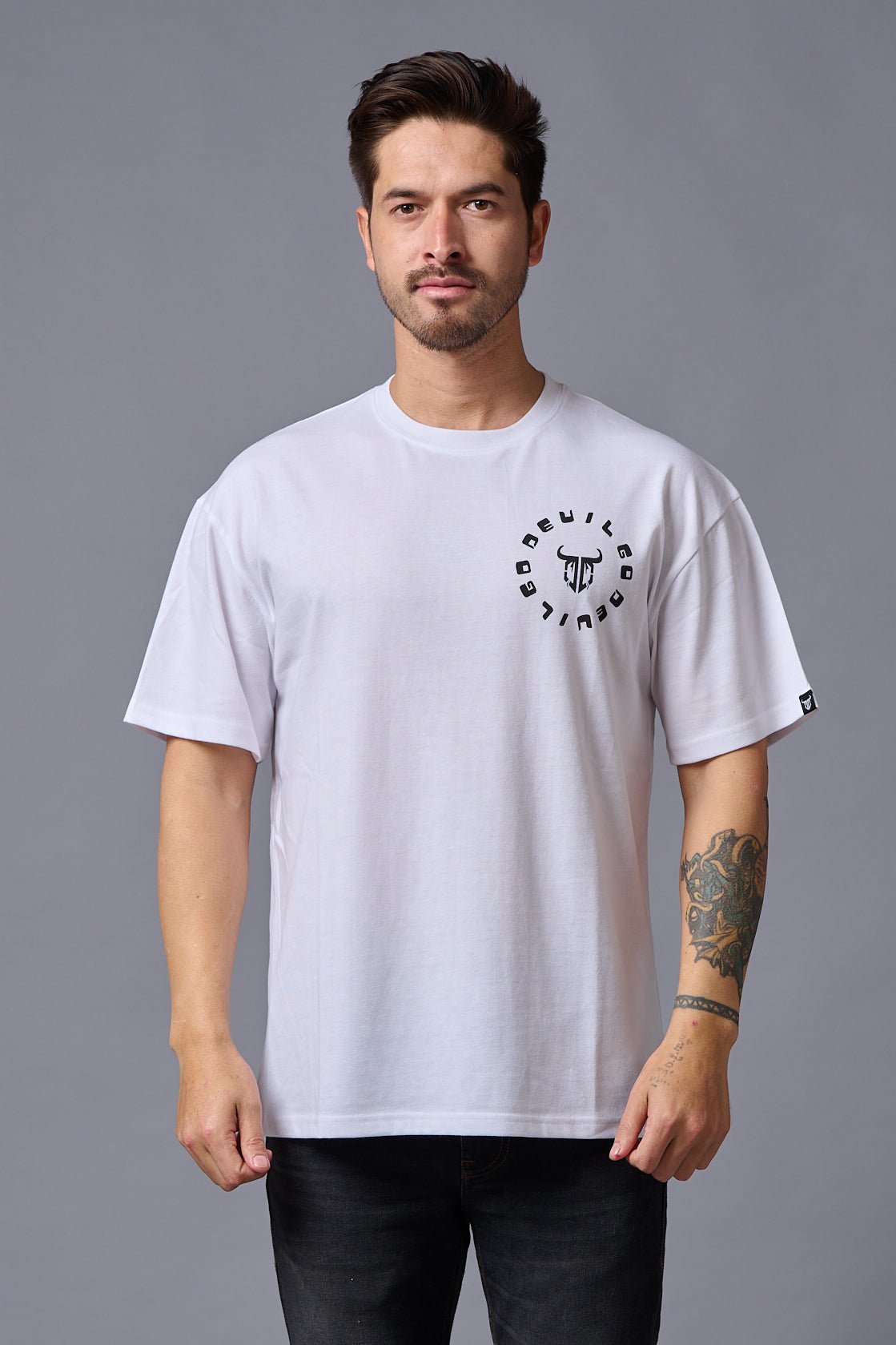 Go Devil (in Black) Printed White Oversized T-Shirt for Men - Go Devil