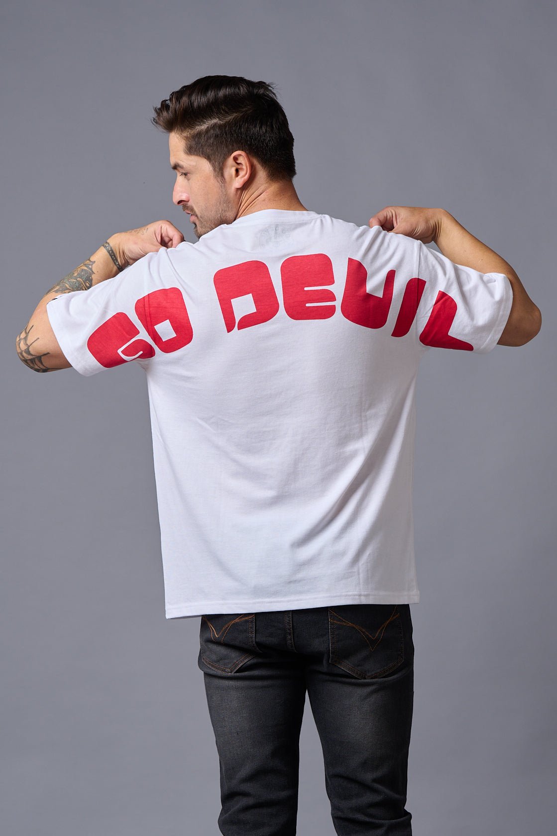 Go Devil (in Red) Printed White Oversized T-Shirt for Men - Go Devil