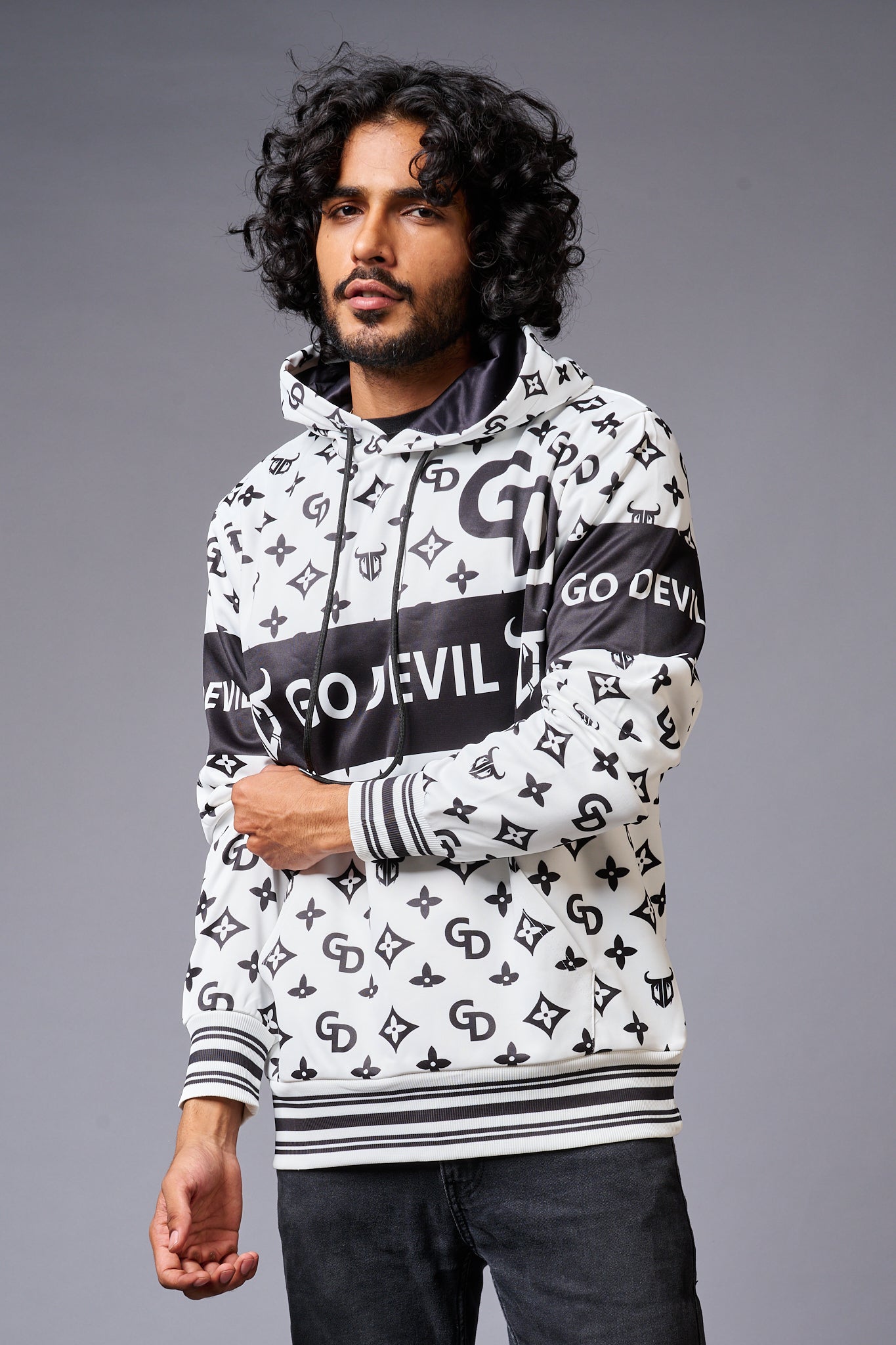 Go Devil Logo Printed Black & White Hoodie for Men - Go Devil